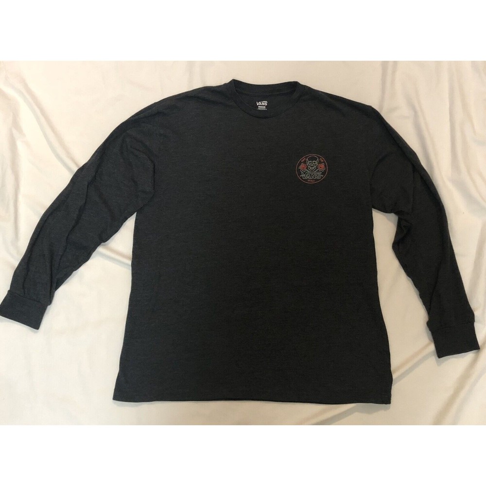 Vans T Shirt Mens Gray Classic Fit Rose Skull Long Sleeve Skate Medium